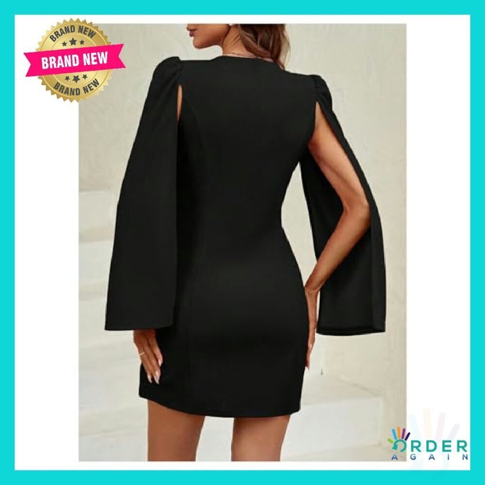 Elegant Cape Blazer Dress V Neck Double Breasted Split Sleeve Chic Formal - Picture 3 of 7